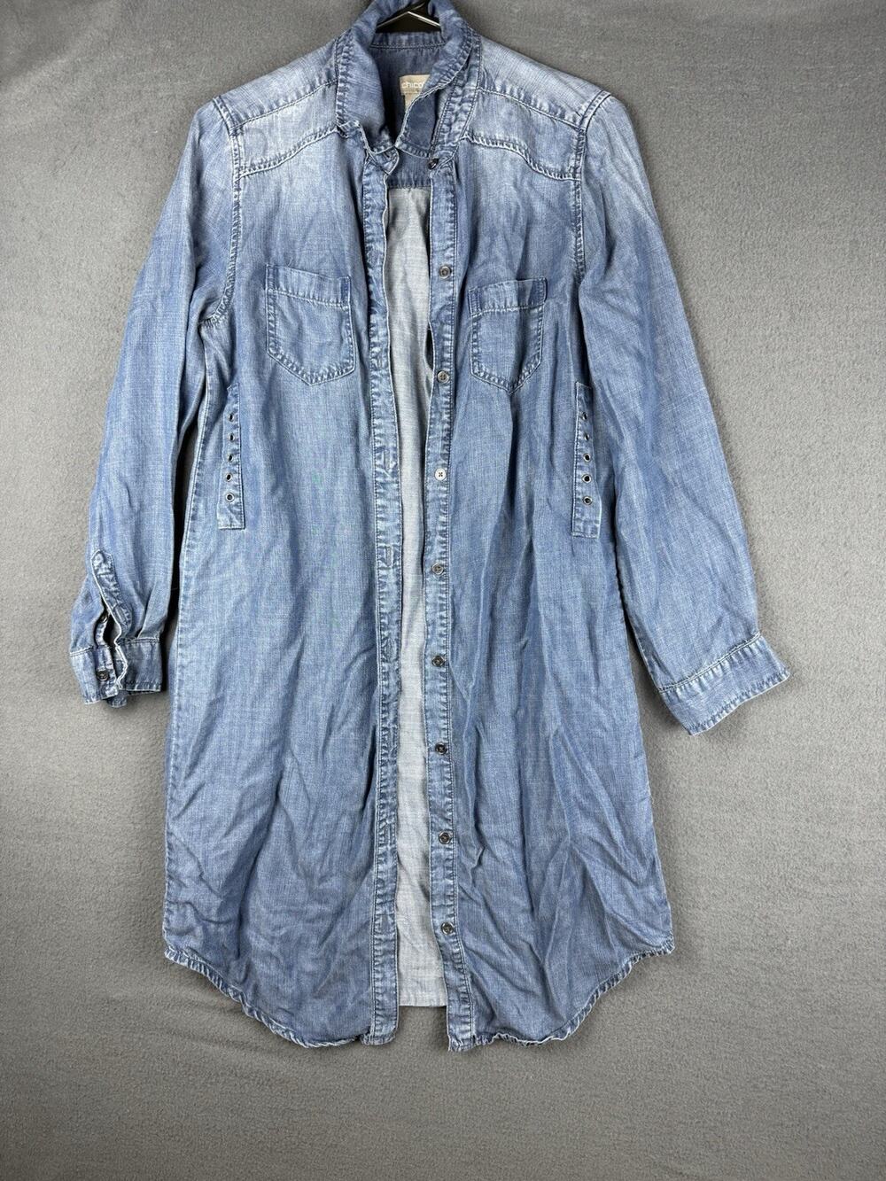 Chicos Tunic Top Womens 00 (S) Blue Chambray Button Up Long Sleeve Side Detail